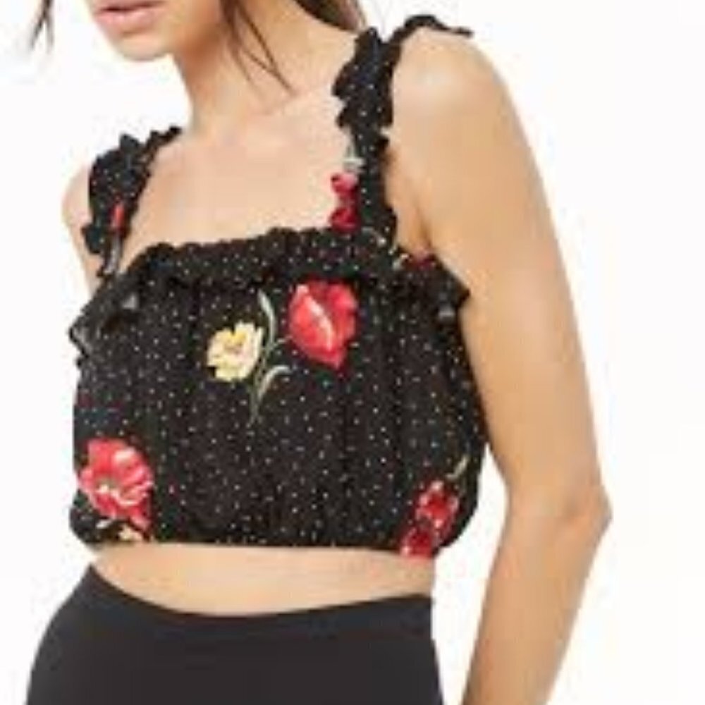 Forever 21 Womens Floral Crop Top Polka Dot Ruffle Sleeveless Black M New